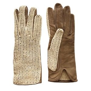 VTG Womens Crochet Knit Leather Gloves Tan Brown RN 15099  Made in France XS/S